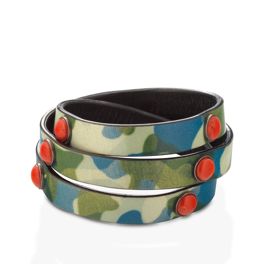 Bracciale in pelle effetto camouflage e Corallo